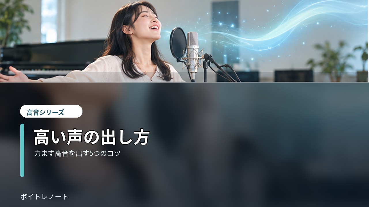 Singer practicing high notes with flowing sound waves in a bright vocal studio