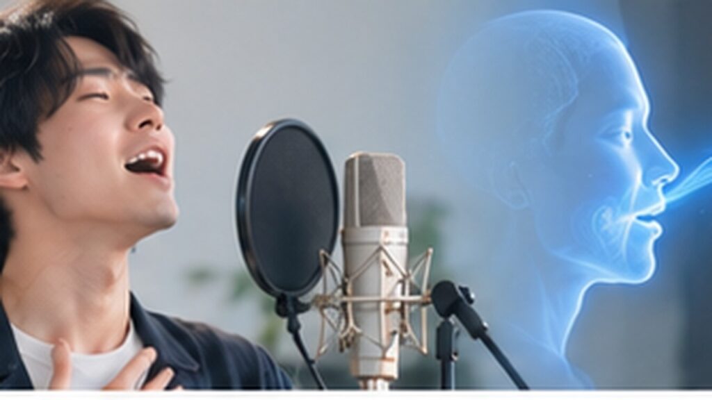 Singer practicing the transition from falsetto to a stronger high voice in a modern vocal studio
