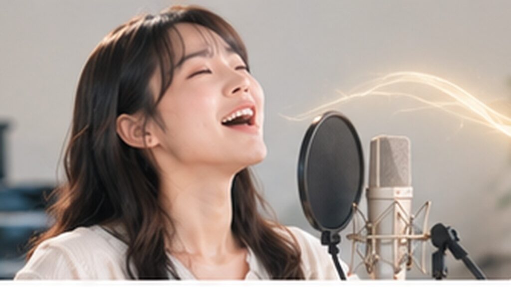 Singer practicing a strong chest-like high note without straining in a vocal training studio