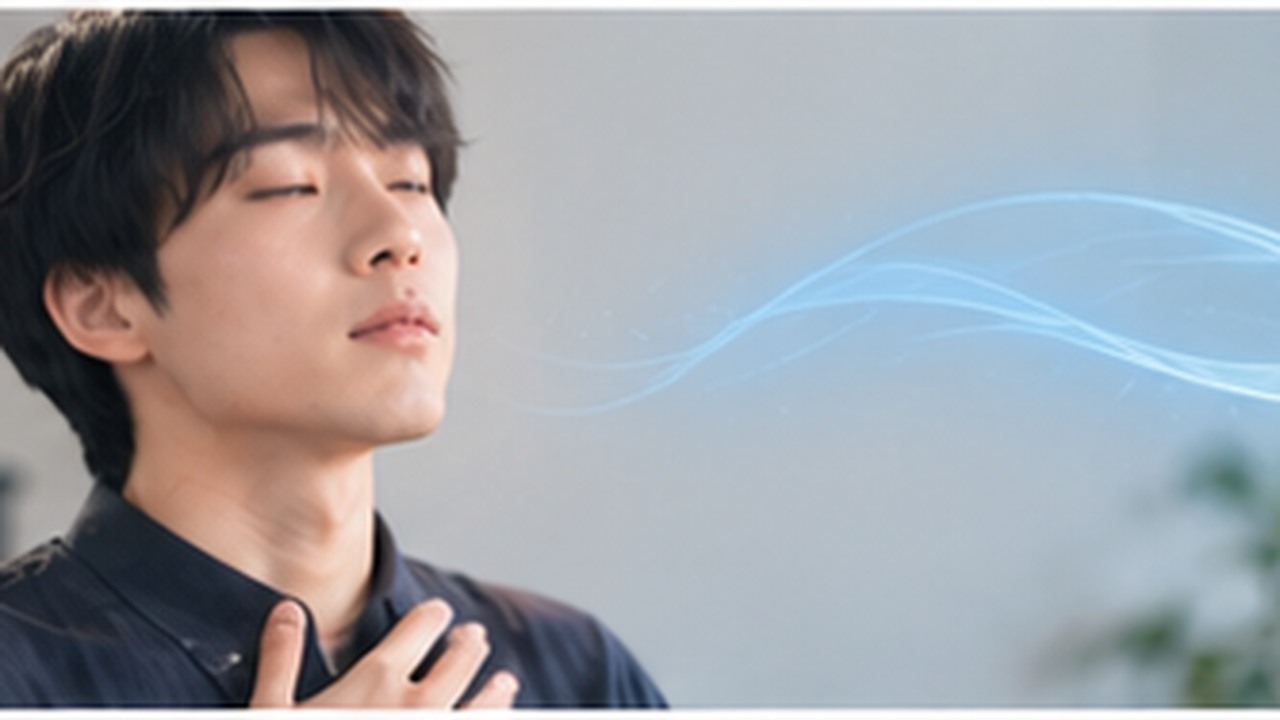 Singer practicing controlled airflow and breath balance for high notes in a music studio