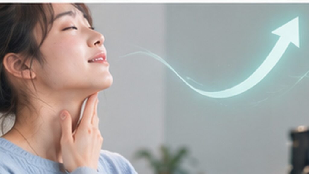 Singer observing comfortable larynx movement while practicing high notes in a vocal studio