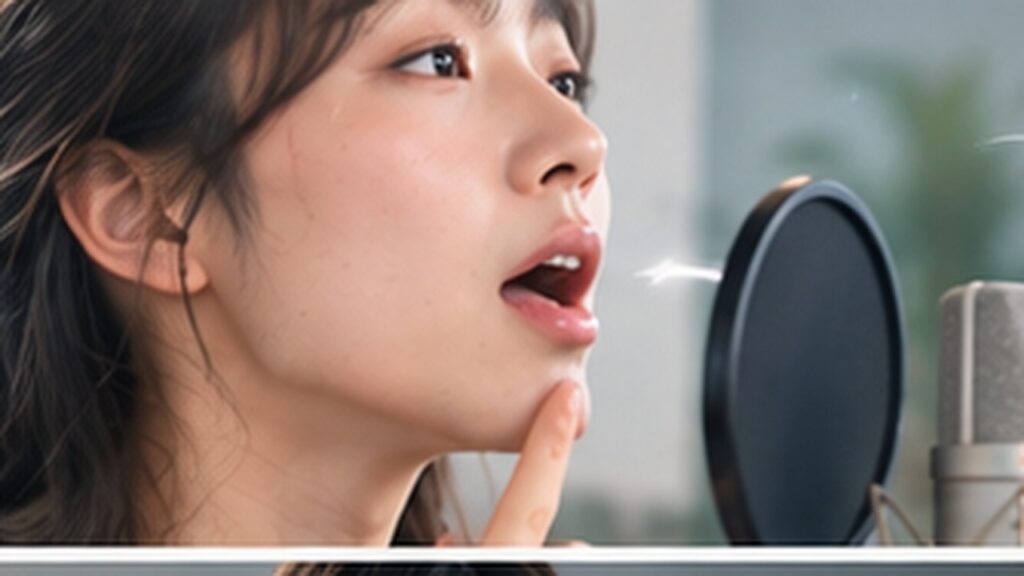 Singer checking tongue placement during high-note vocal training in a studio
