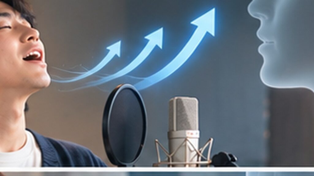 Singer practicing relaxed open-throat high notes with airflow visualization