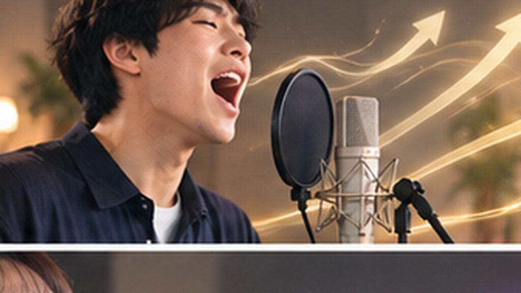 Singer producing a powerful high note without visible strain in a studio