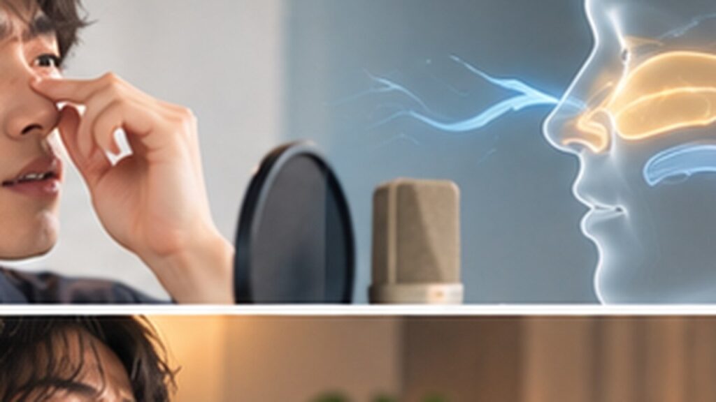Singer checking nasal resonance during high-note vocal practice