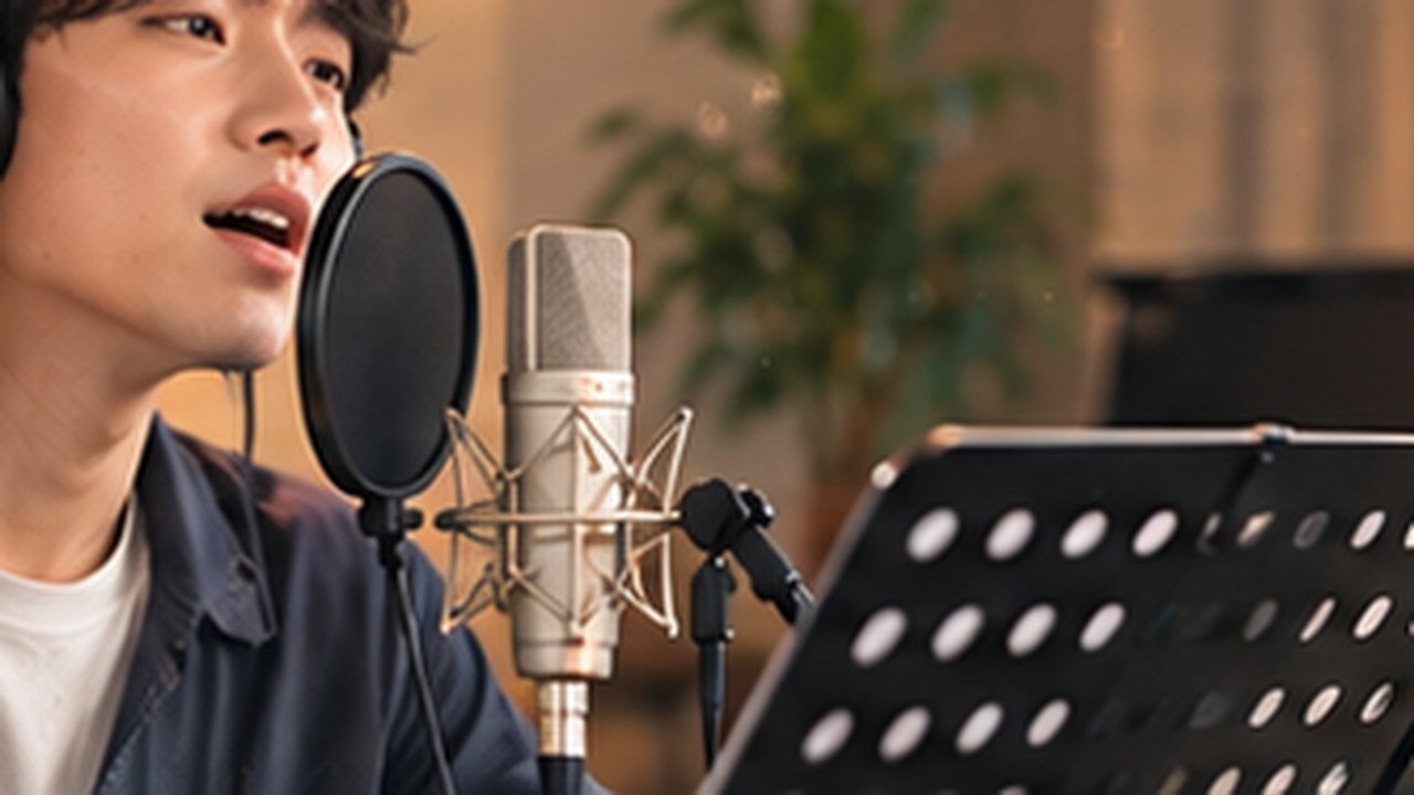 Singer using headphones and a music stand to practice high-note songs