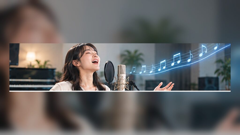 Singer practicing a gentle high voice warmup in a modern vocal studio