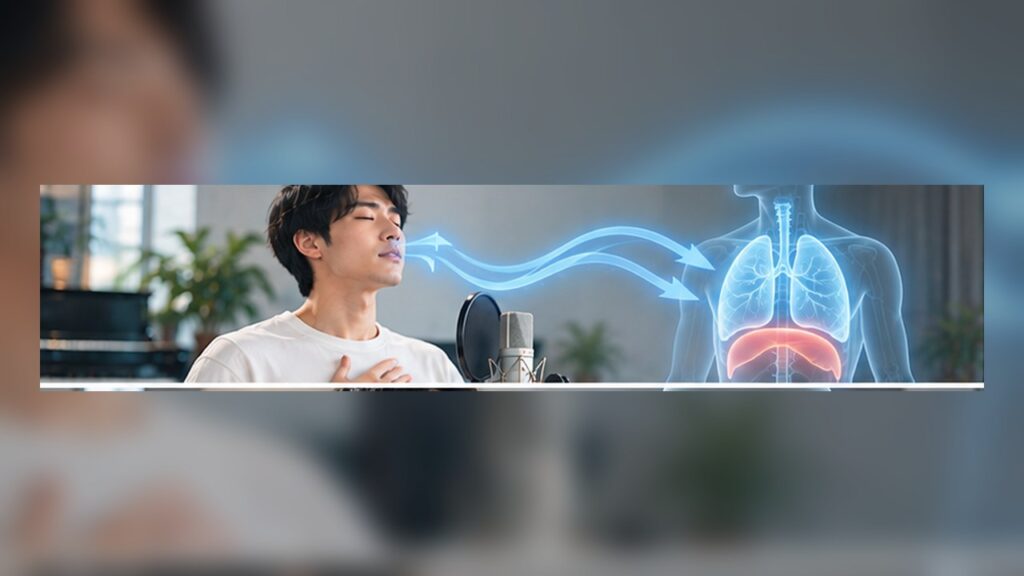 Singer practicing diaphragmatic breathing for stable high notes