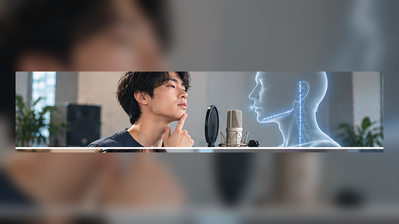 Singer checking neutral chin posture while practicing a high note