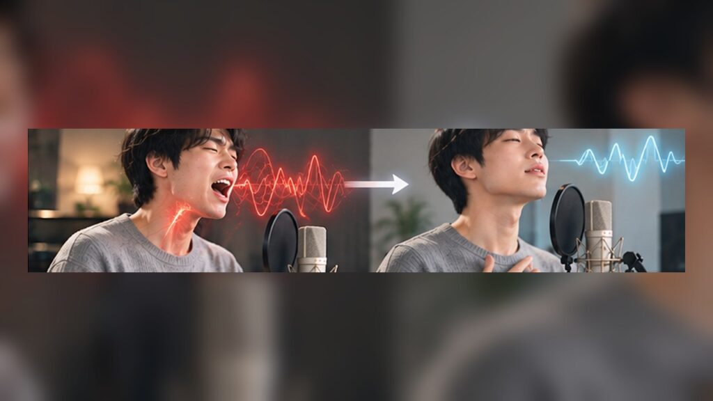 Singer transitioning from strained high notes to relaxed efficient singing