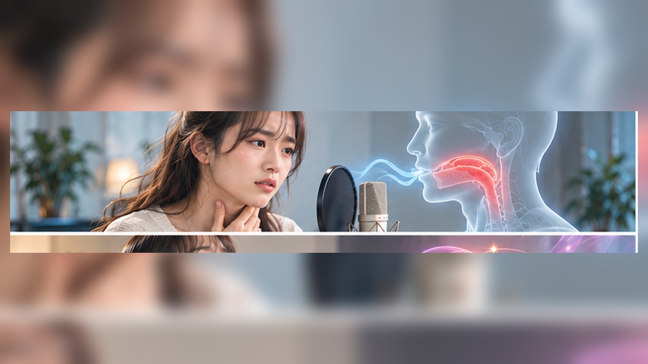 Vocal training concept for 高い声 すぐ枯れる in a modern studio