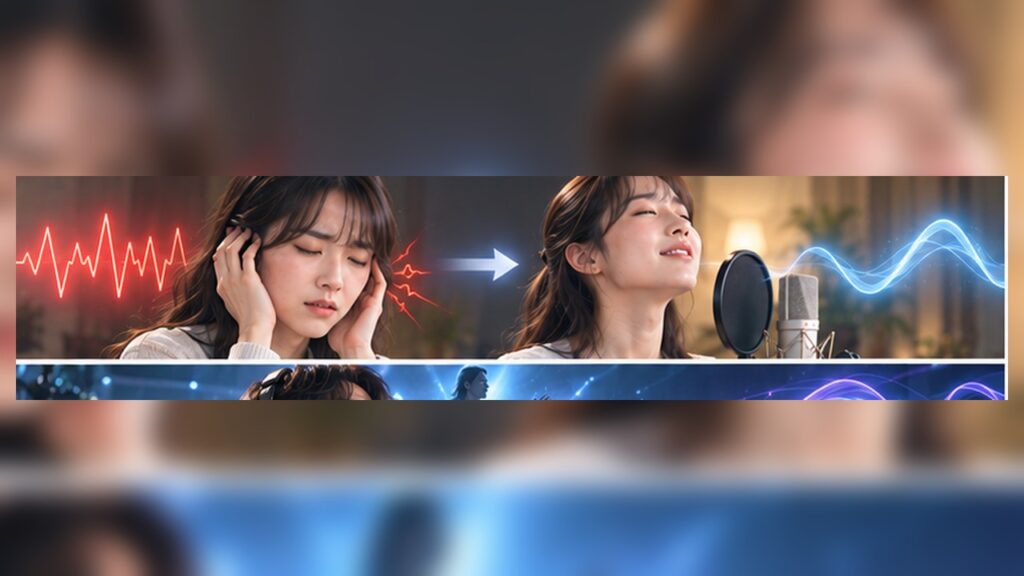 Vocal training concept for 高い声 うるさい in a modern studio